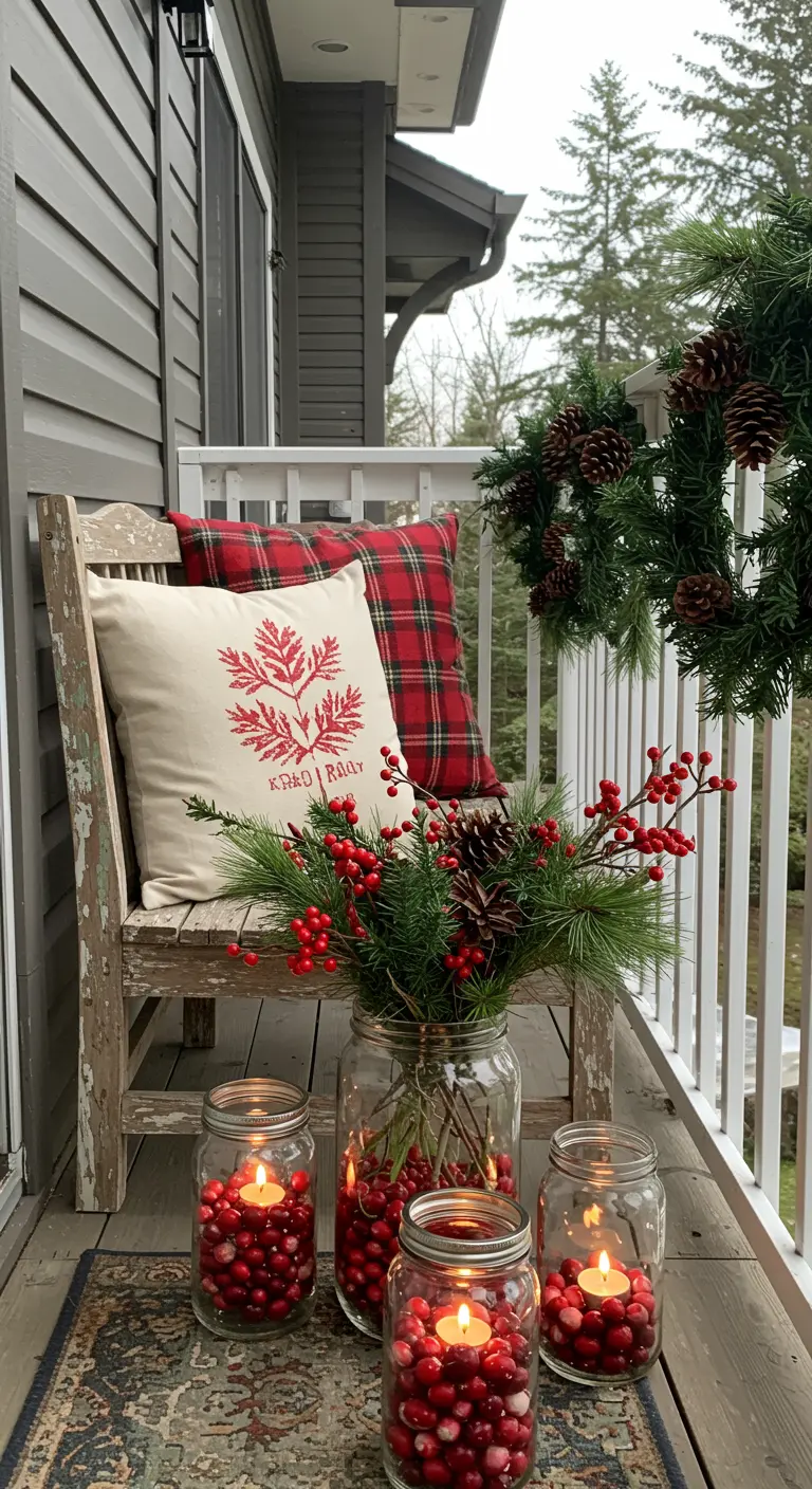 A holiday-themed balcony with a plaid pillow, a wreath, and mason jars filled with cranberries and candles.