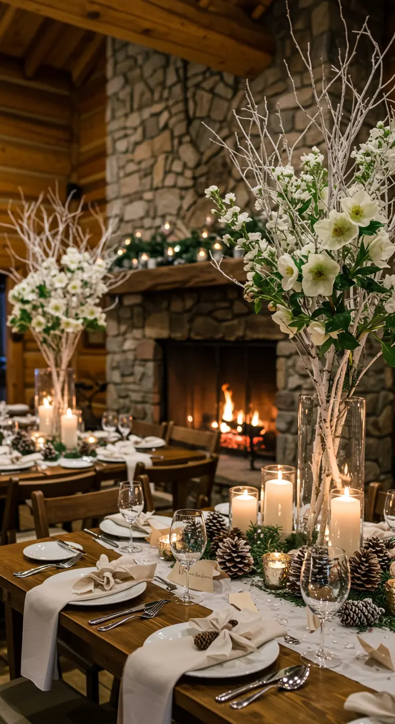 A rustic lodge wedding table with centerpieces of white-painted branches, flowers, and pinecones.