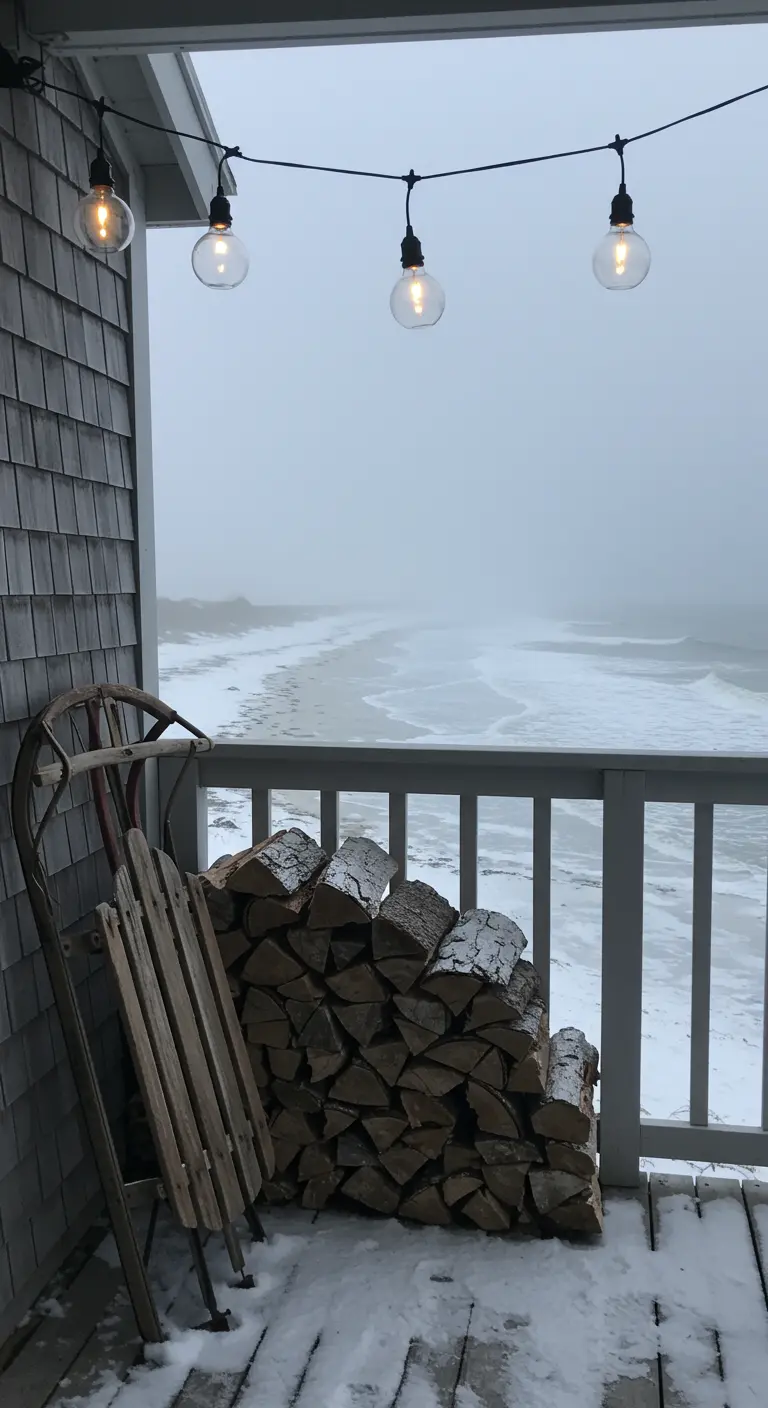 Snowy balcony overlooking a misty beach, with a sled, firewood, and globe lights.