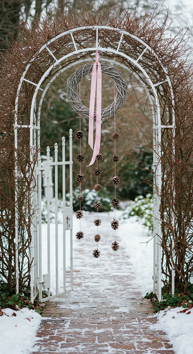 A twig wreath on a white garden arch with hanging pinecone garlands and a long pink ribbon.