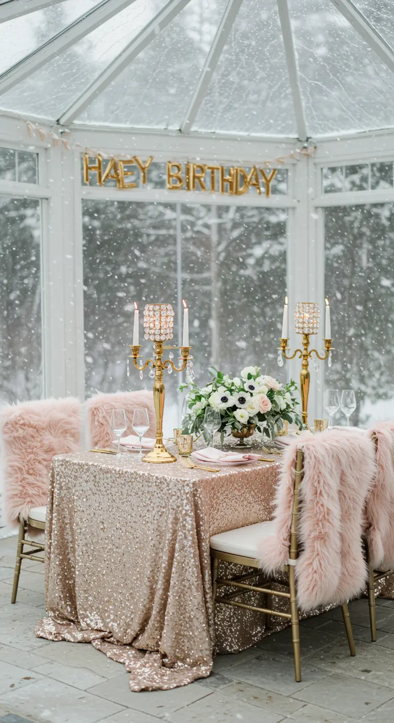 A glamorous winter-themed table with a sequin tablecloth and pink faux fur on the chairs.