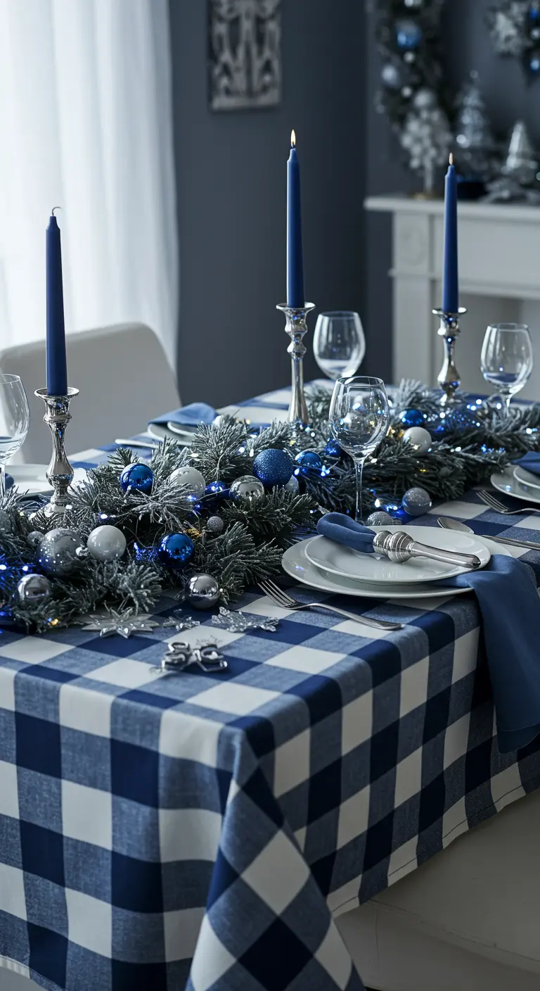Christmas table with a blue and white buffalo check tablecloth, blue candles, and a garland of blue and silver ornaments.