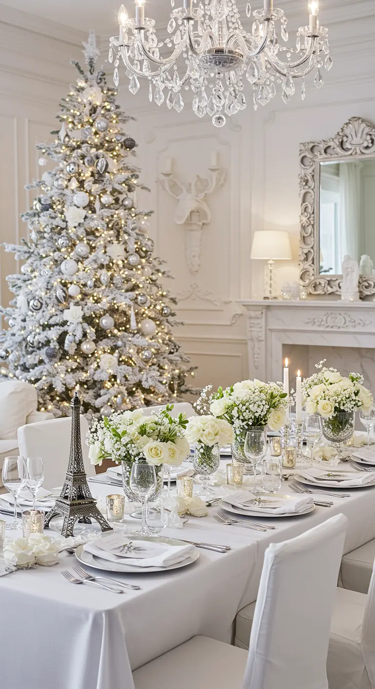 An all-white dining room with a flocked Christmas tree and a tablescape in white and silver