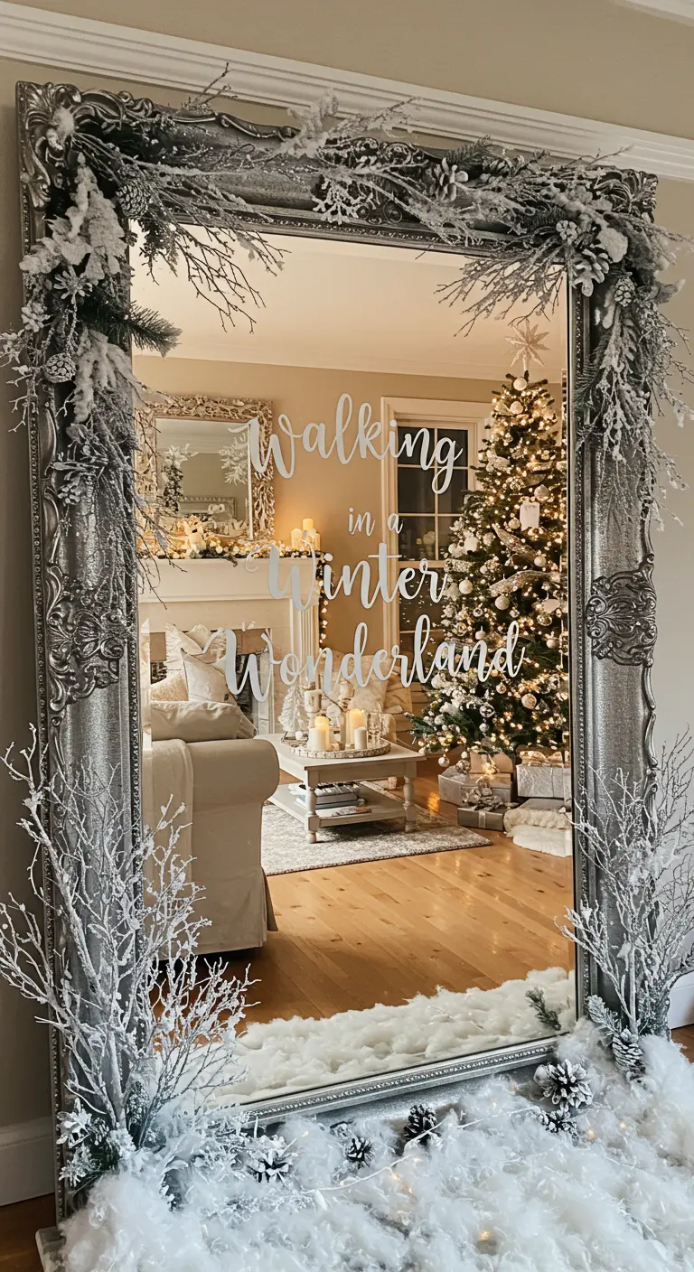 A large ornate silver mirror with 'Walking in a Winter Wonderland' written on it, decorated with frosted branches.