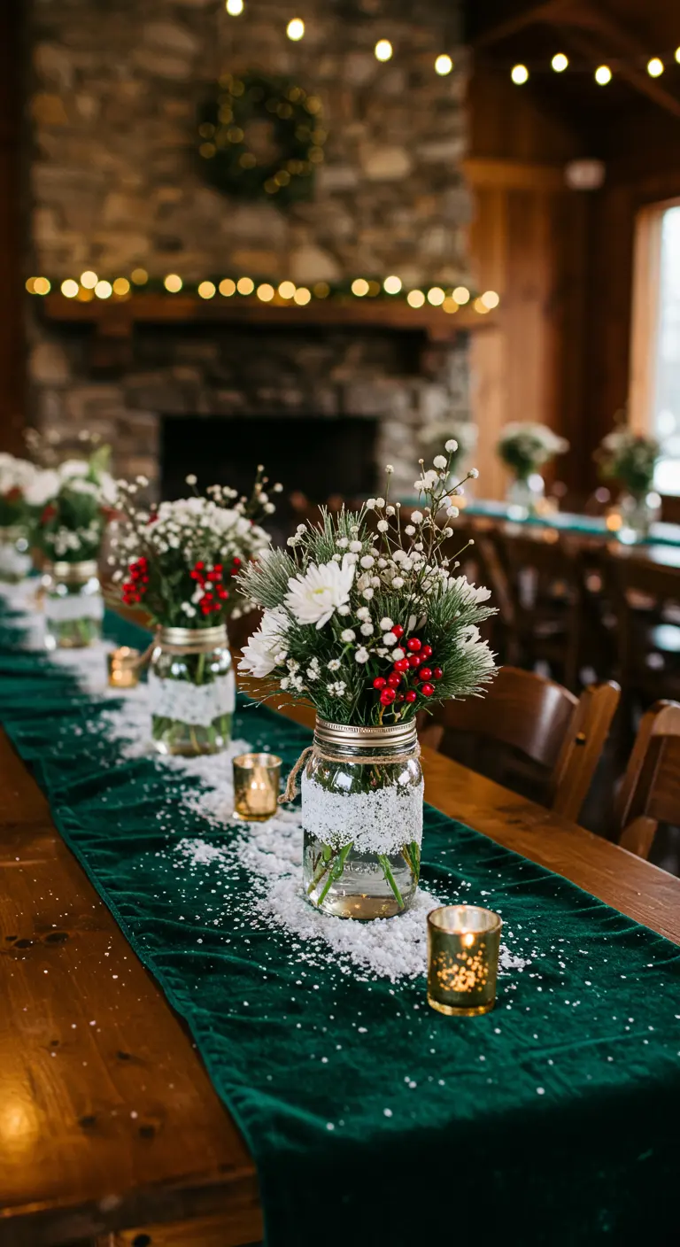 A winter wedding table with a green velvet runner, faux snow, and Mason jars with winter florals.