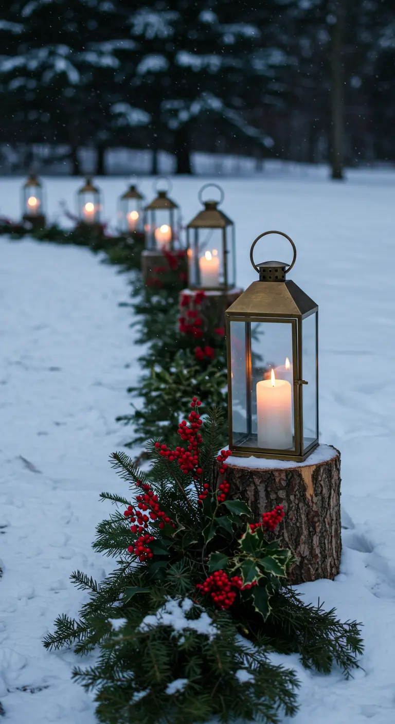 A snowy aisle with lanterns on log stumps adorned with holly.