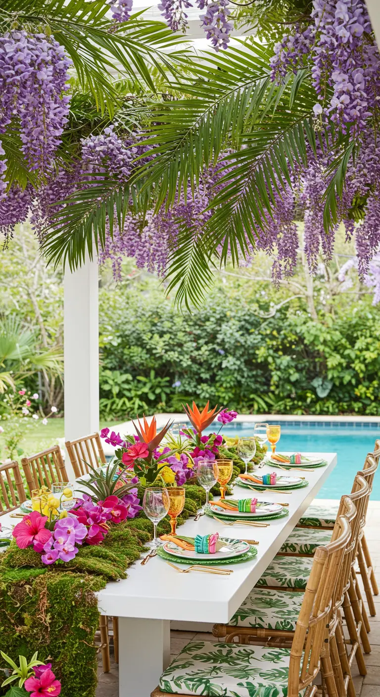 Poolside dining table with a tropical flower moss runner and wisteria/palm leaf canopy.