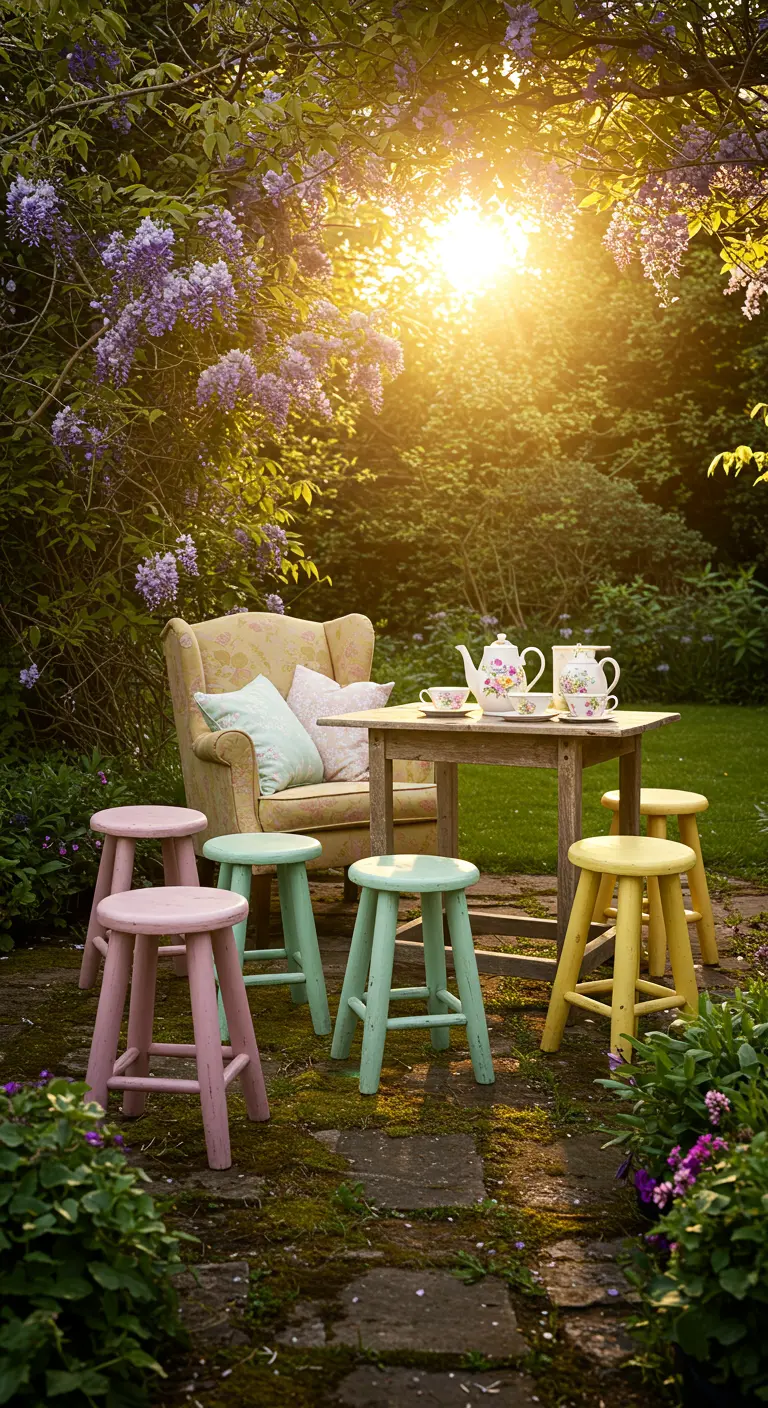 Pastel-painted stools arranged for a tea party in a sunlit garden with wisteria.