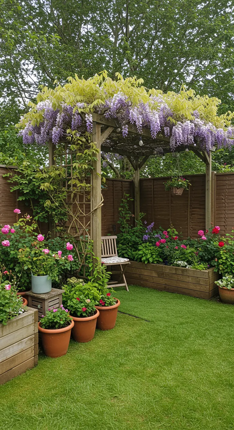 Backyard garden with wooden pergola covered in wisteria, climbing roses, raised beds, and terracotta pots.