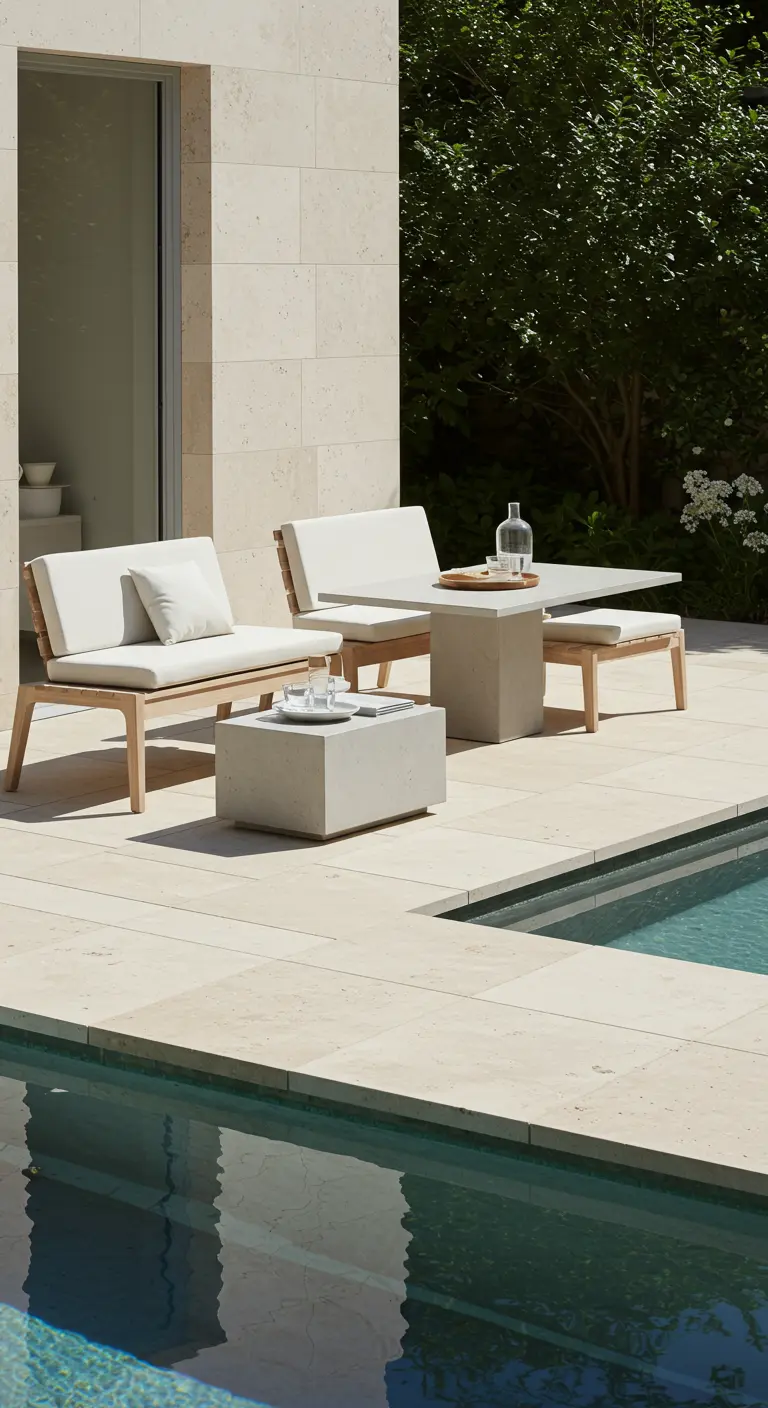 Light wood and white cushion seating paired with concrete tables by a modern swimming pool.