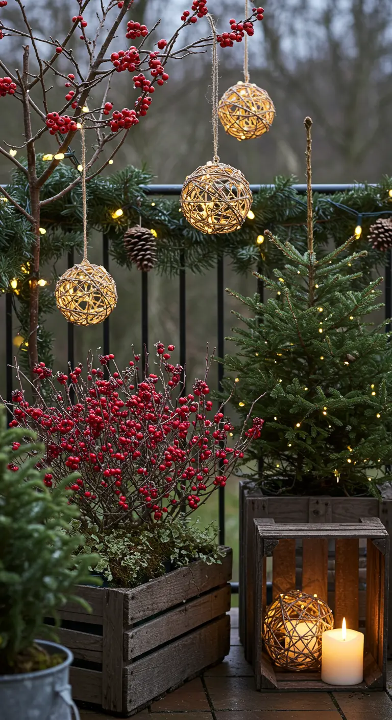 Rustic balcony with wooden crates, red winterberries, and glowing twine ornaments.