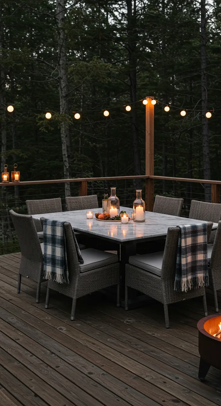 Cozy woodland deck with a large marble table, wicker chairs, and string lights.