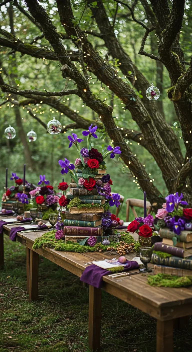 Outdoor table under trees with bookstacks, red and purple flowers, and fairy lights.
