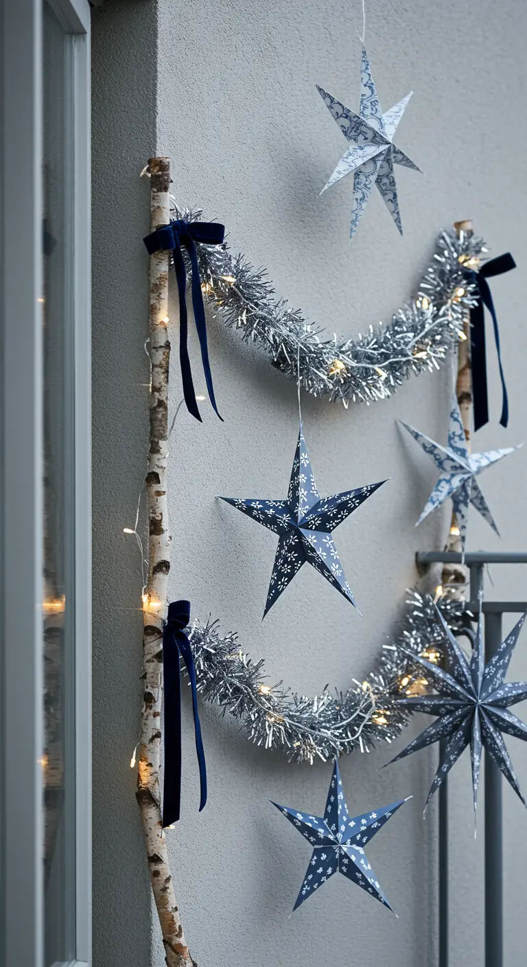 A balcony decorated with a birch branch, silver tinsel, and blue patterned stars.