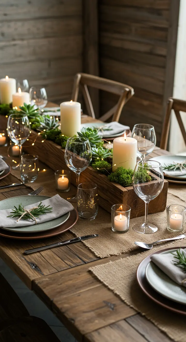 Wooden planter box centerpiece filled with moss, succulents, and candles.