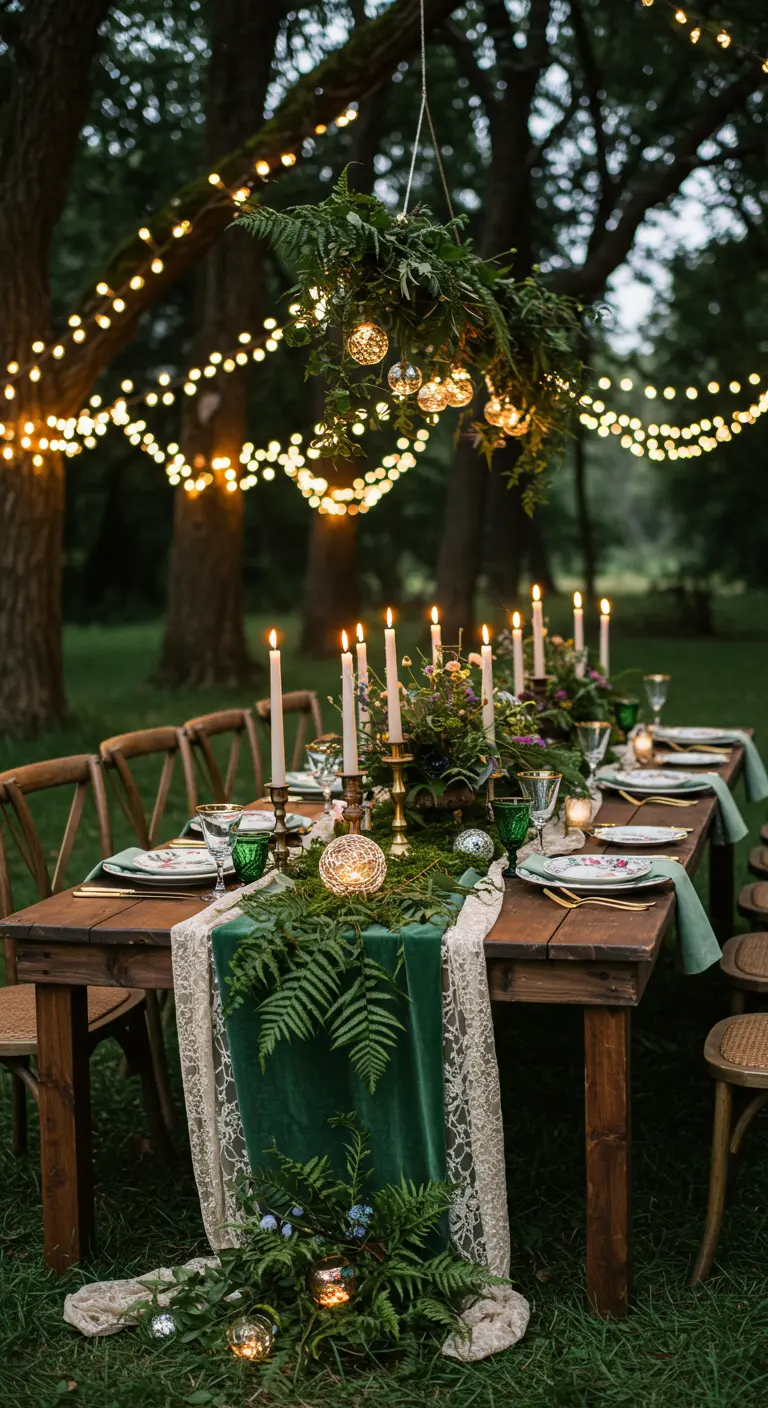 Outdoor table under string lights with a green velvet and fern runner.