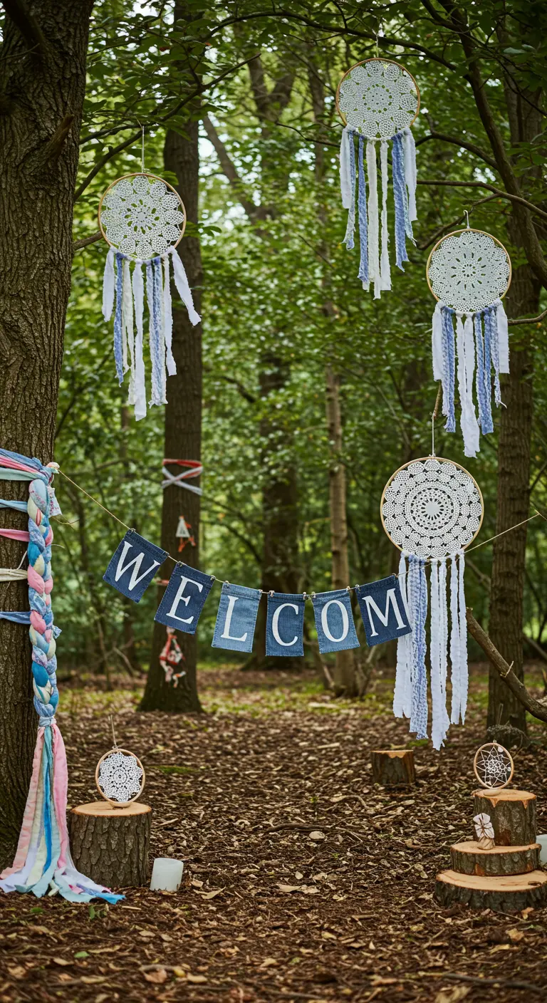 Dreamcatchers made from doilies and denim strips hanging in a forest.