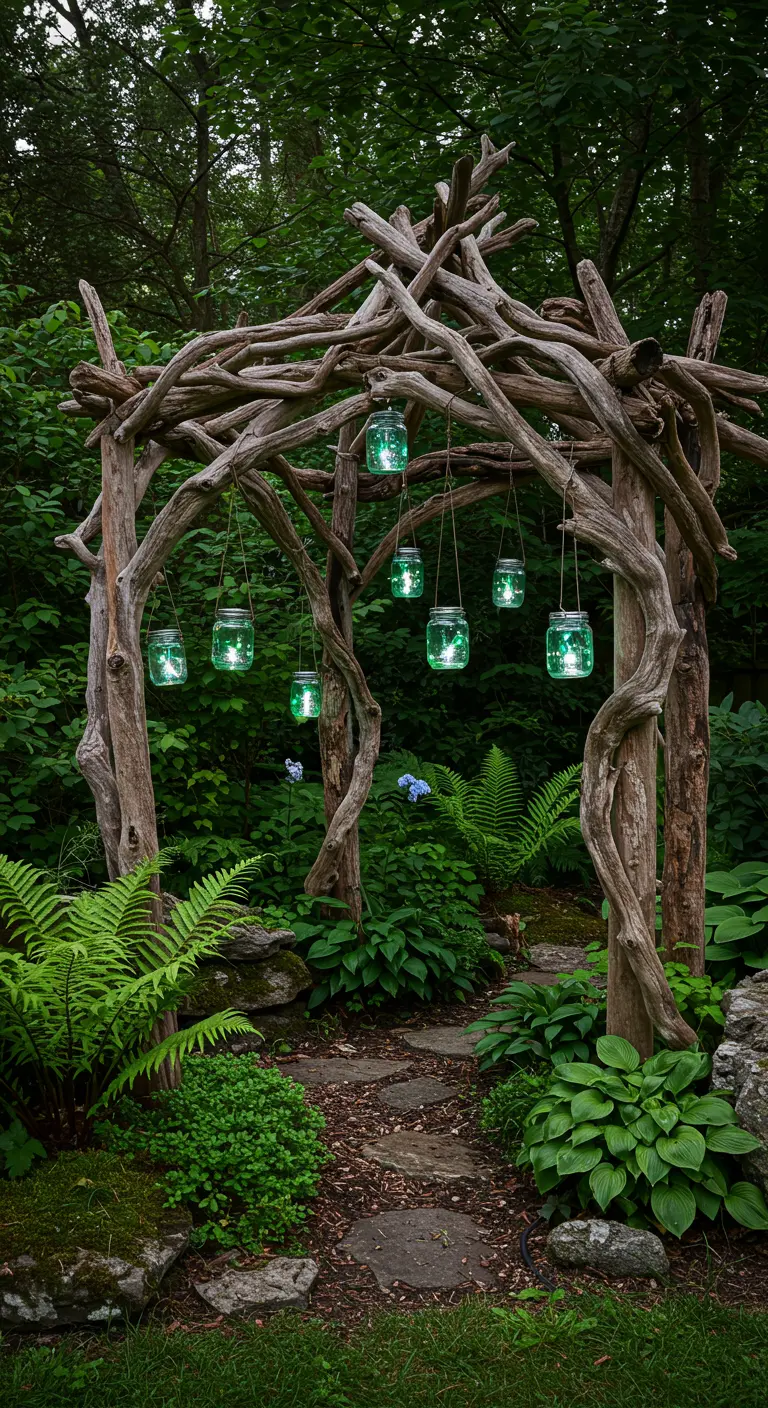 Driftwood arbor in a forest setting with glowing green solar jars.