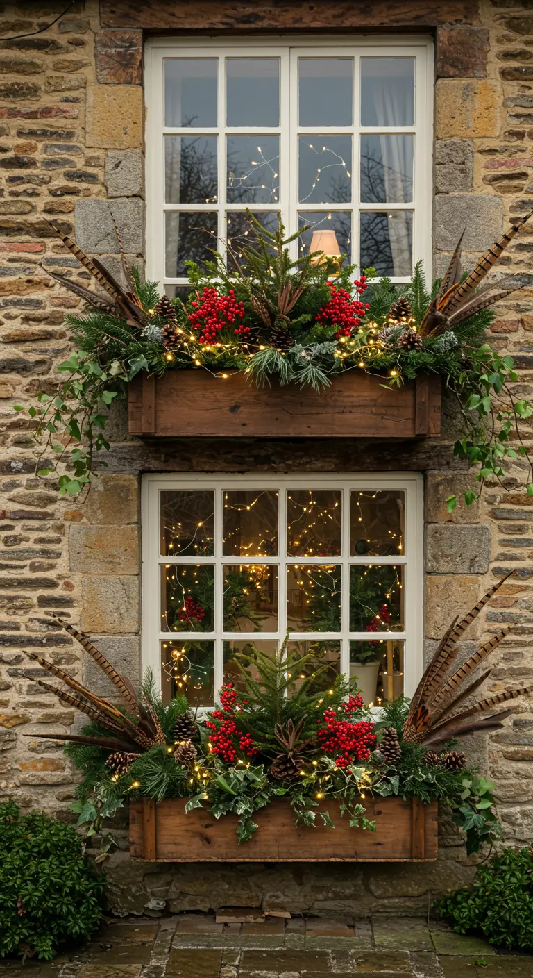 Two window boxes filled with evergreens, red berries, and pheasant feathers, lit with fairy lights.