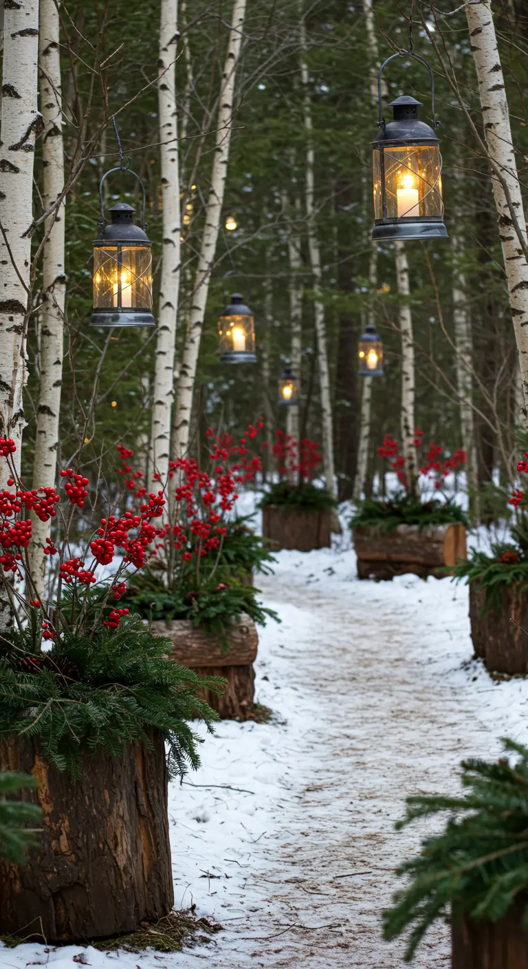 A snowy woodland path lined with log planters and lanterns hanging from birch trees.
