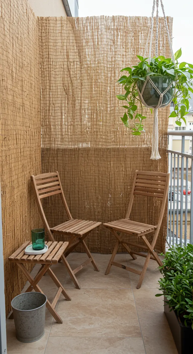 A balcony with a reed privacy screen, teak furniture, and a hanging plant.