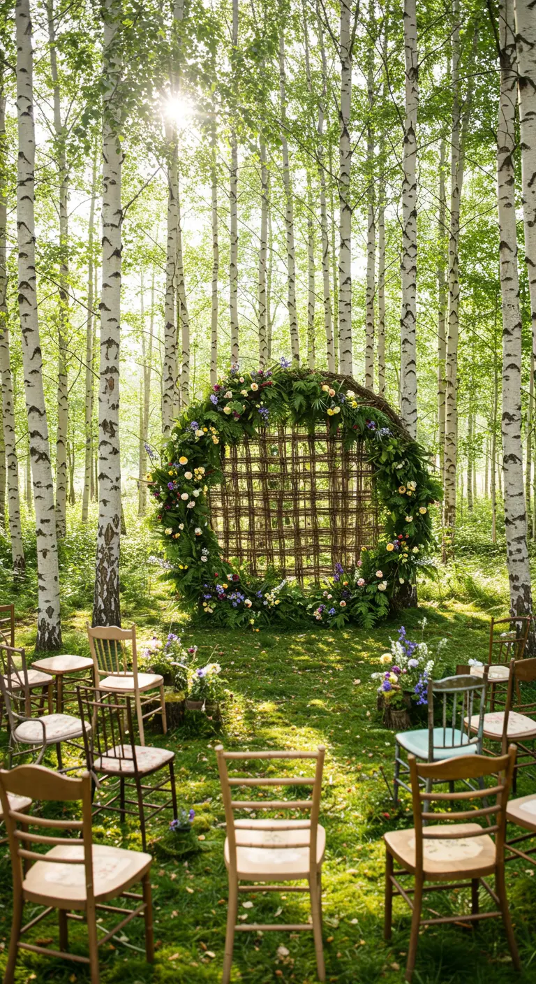 A large circular woven branch wedding arch decorated with wildflowers in a birch forest.