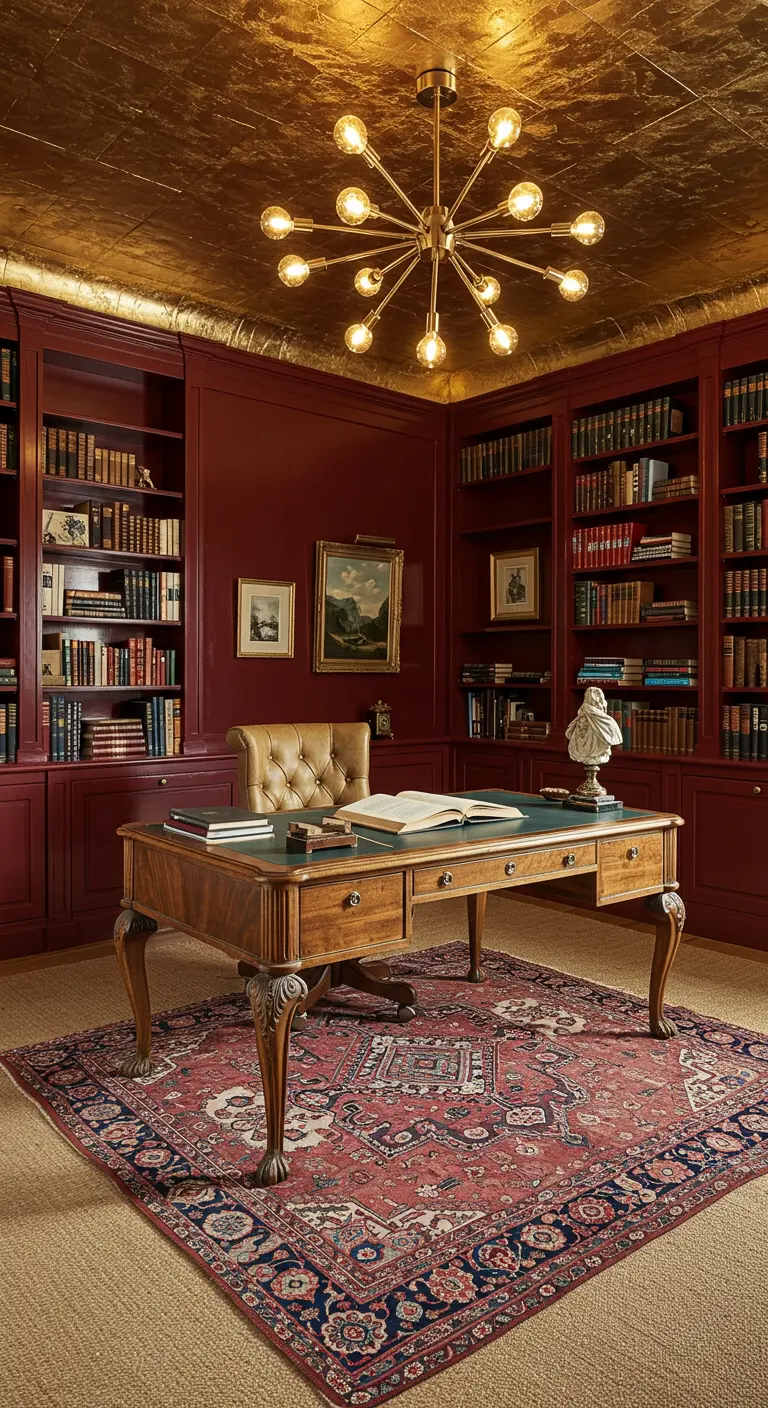 Home library with deep red walls and bookshelves, a tufted leather chair, and a gold leaf ceiling.