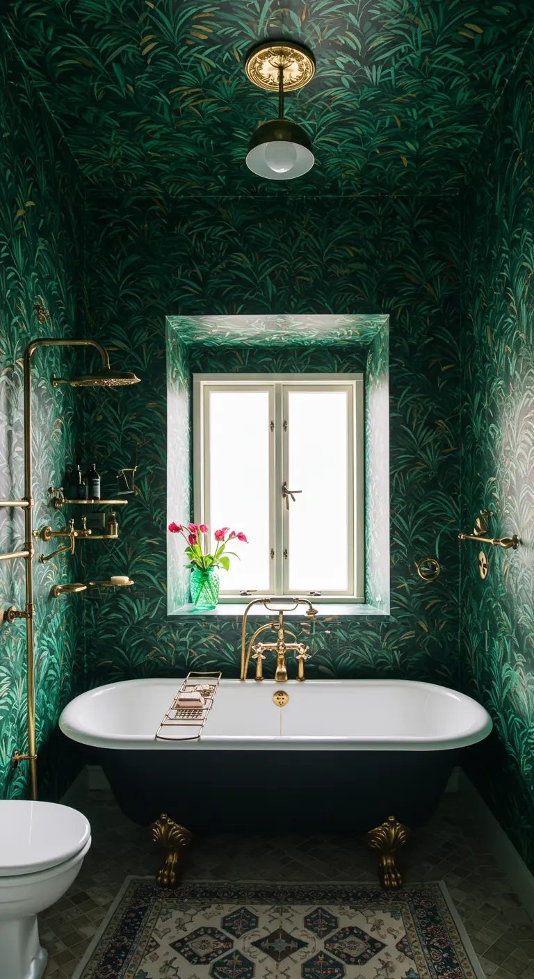 Bathroom fully wrapped in a green botanical wallpaper, with a black clawfoot tub and brass fixtures.