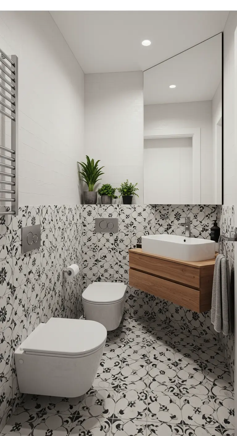 Small bathroom with black and white floral tile on the floor and halfway up the wall.