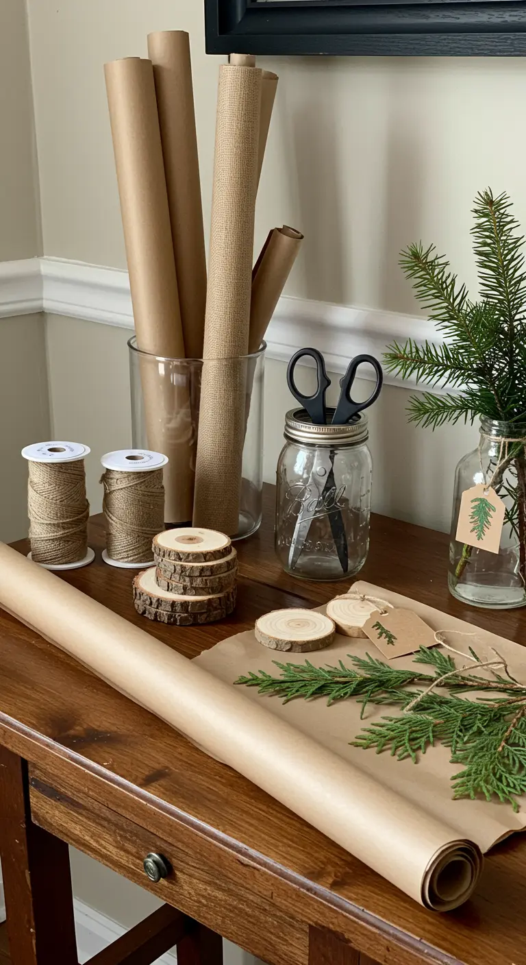 DIY gift wrapping station with kraft paper, twine, wood slices, and evergreen sprigs.
