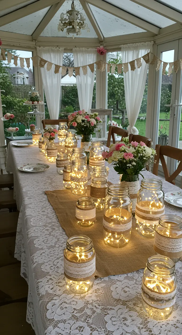 Mason jars decorated with burlap and lace, filled with fairy lights on a table.