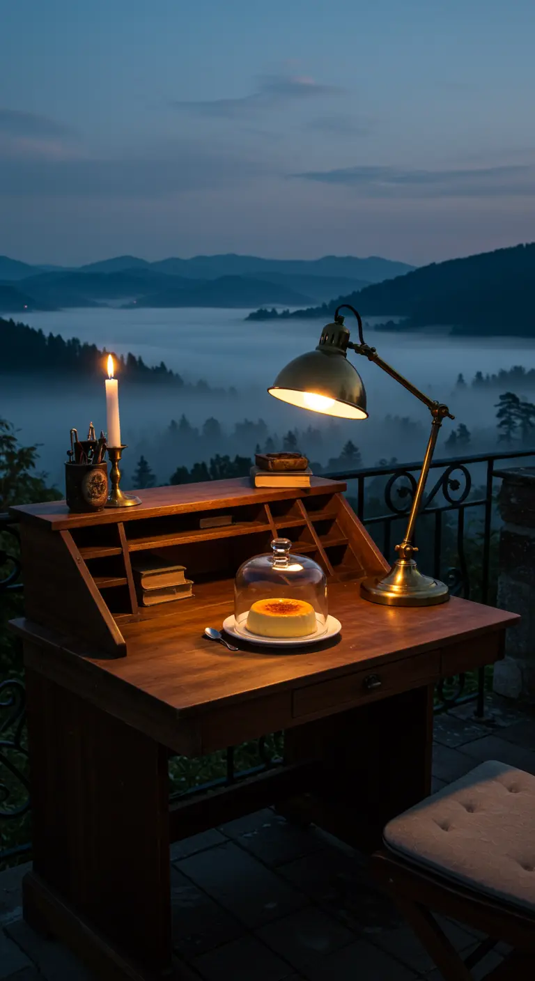 A writer's desk on a balcony overlooking a misty valley, with a single dessert and a brass lamp.