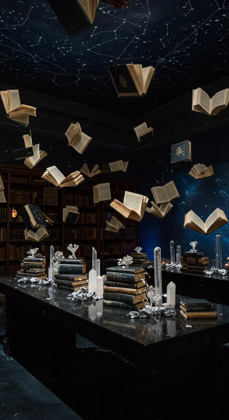 Dark room with a star-projected ceiling, floating books, and crystal-adorned tables.