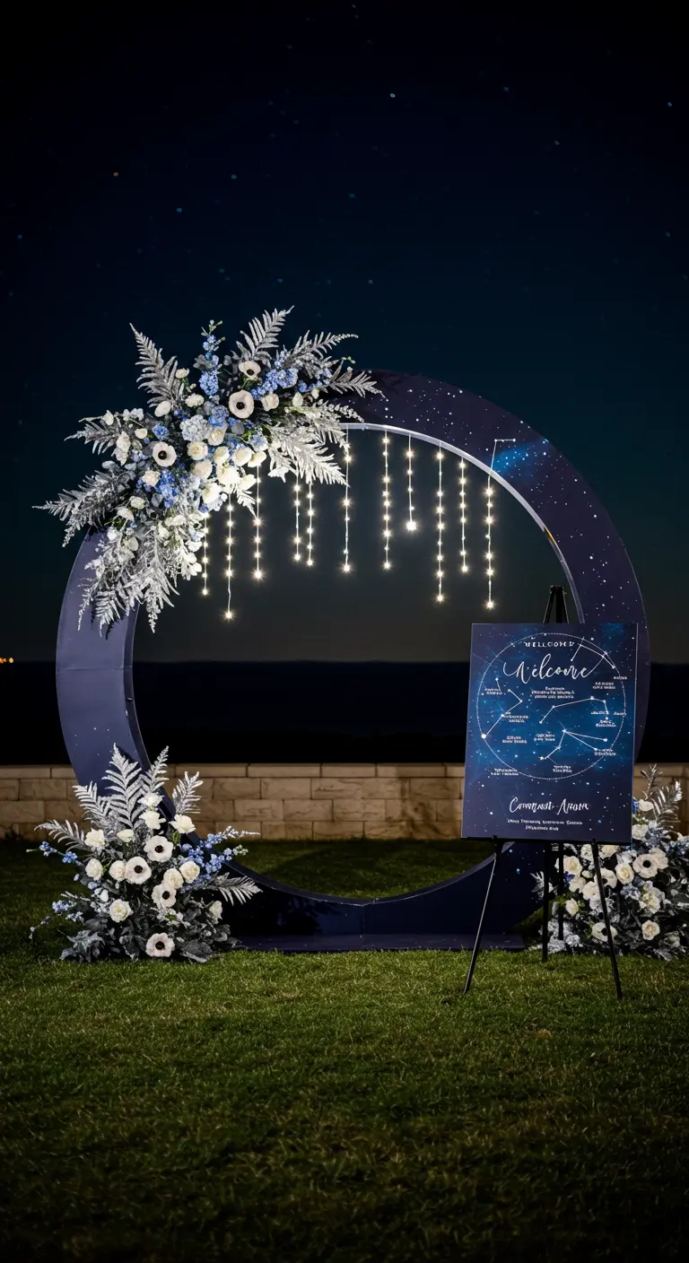 A celestial-themed circular wedding arch with star-like lights and blue and silver flowers.
