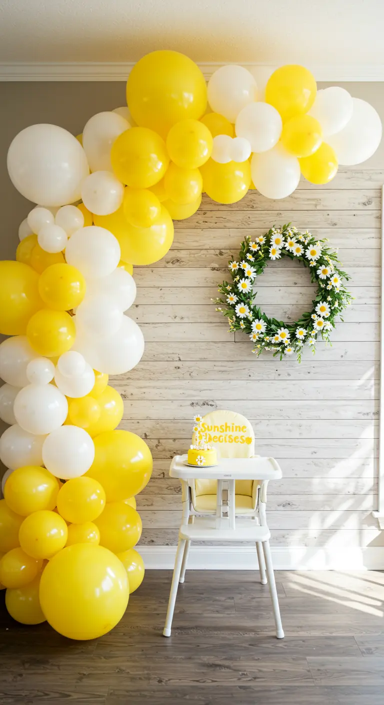 A yellow and white balloon arch next to a high chair, with a daisy wreath on a shiplap wall.