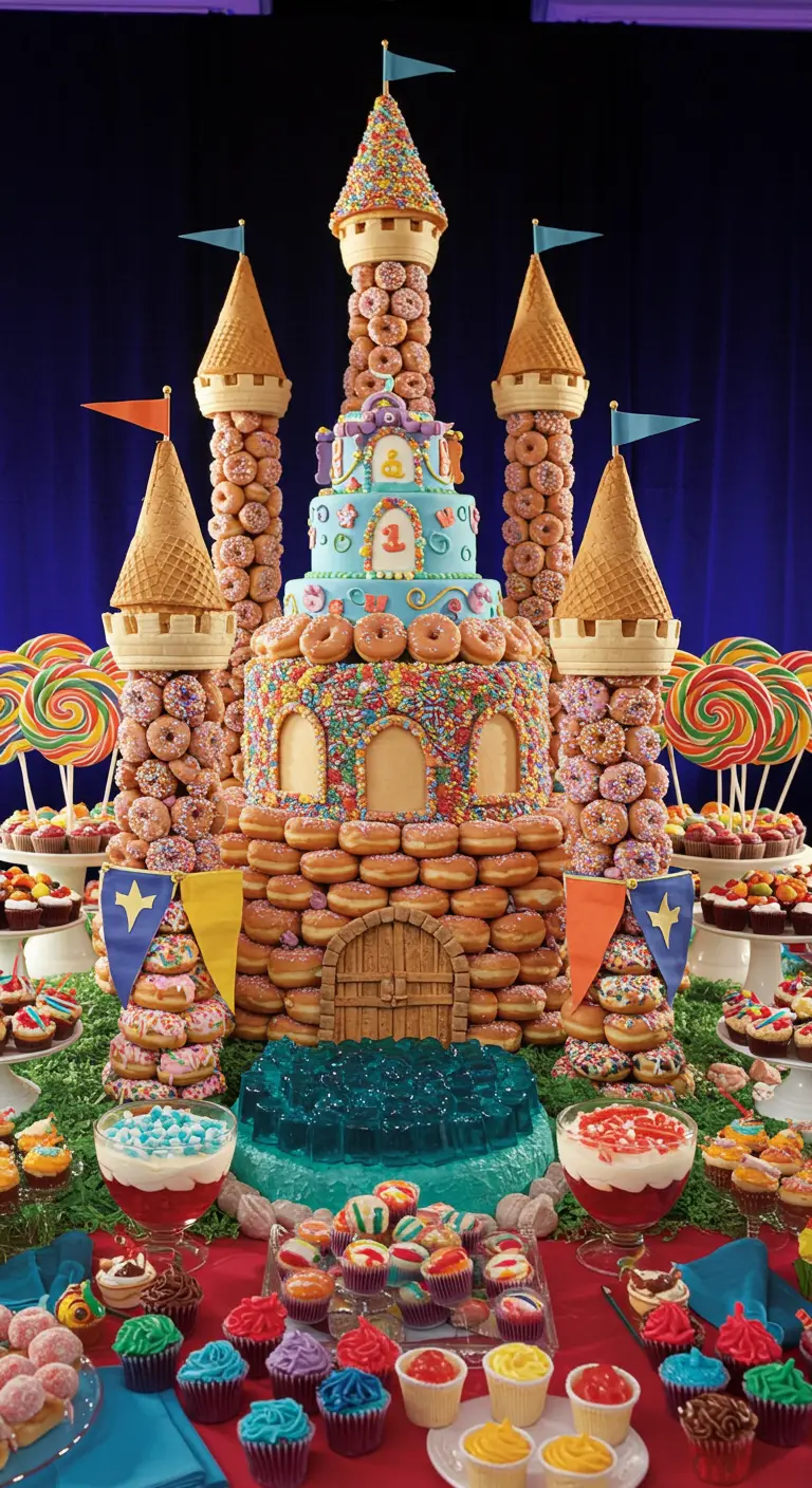 An elaborate castle made of donuts and candy serves as a party centerpiece.