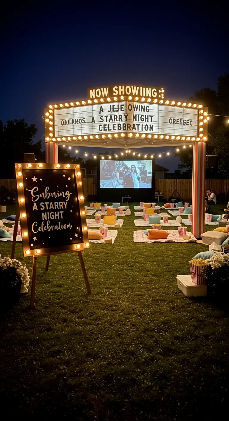A DIY movie marquee sign with lightbulbs welcoming guests to a starry night celebration.