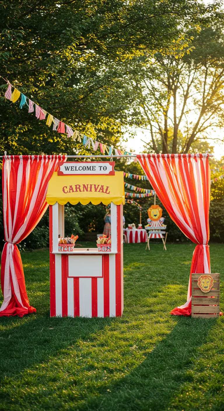Red and white striped carnival ticket booth on a green lawn with pennant banners.