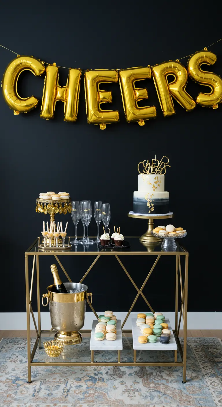 Gold bar cart with a 'CHEERS' balloon banner and a black and white cake.