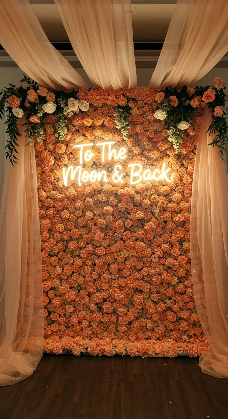 A dense peach rose flower wall with a 'To The Moon & Back' neon sign.