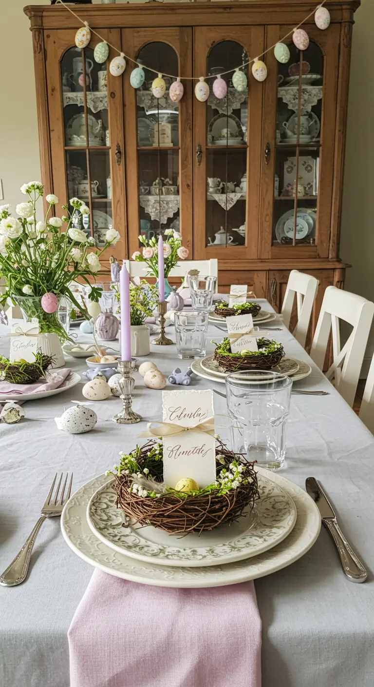 Easter place setting with a mini bird's nest holding a name card and a small egg.