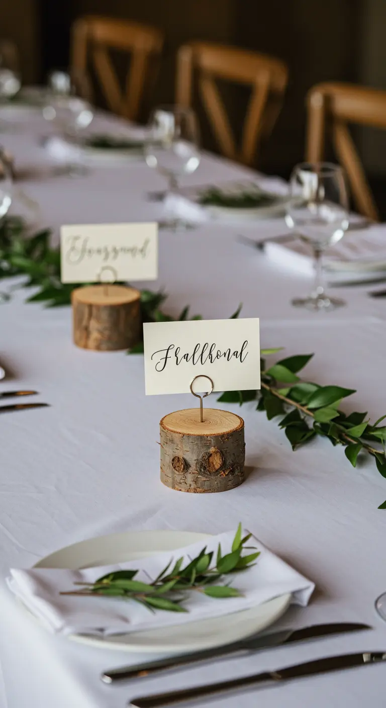 Small log slices used as place card holders on a white tablecloth.