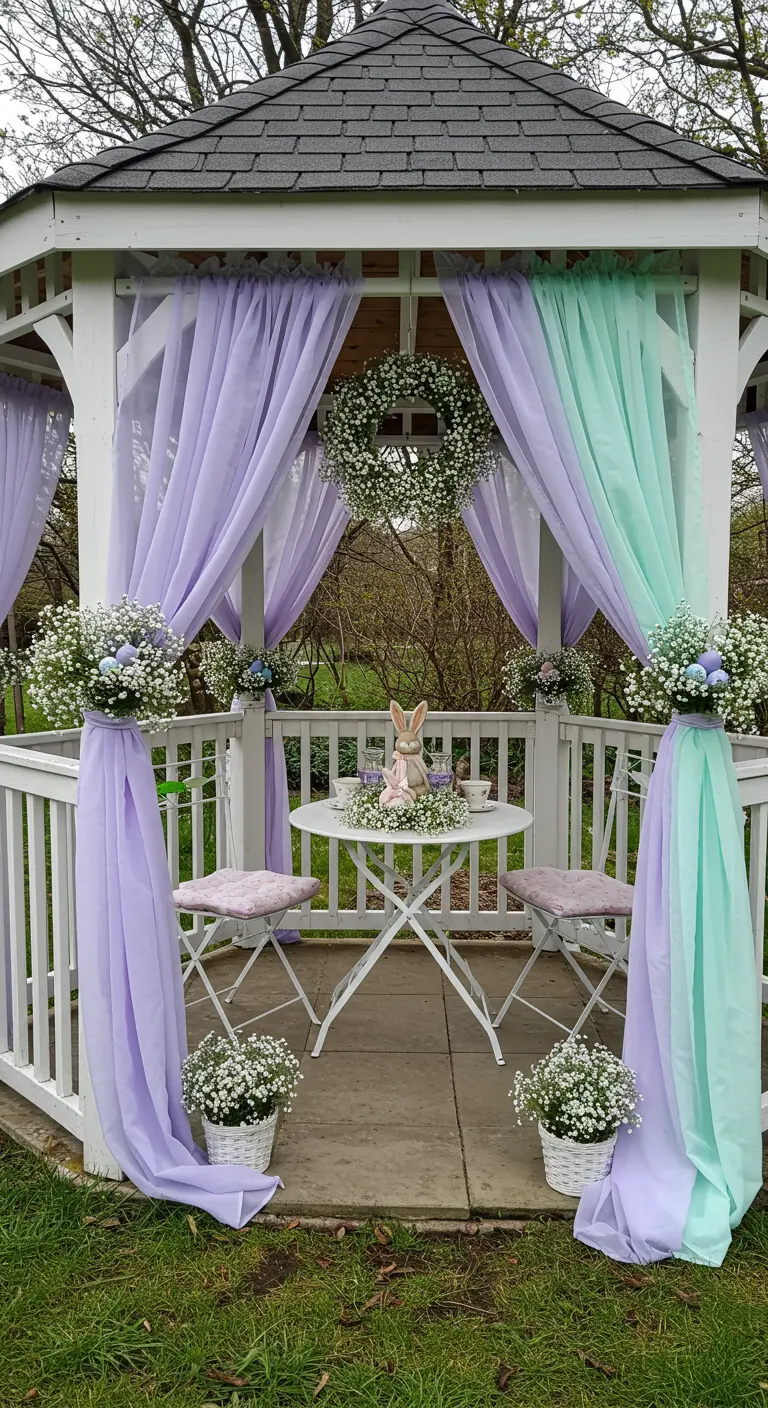A white garden gazebo decorated with flowing lavender and mint fabric.