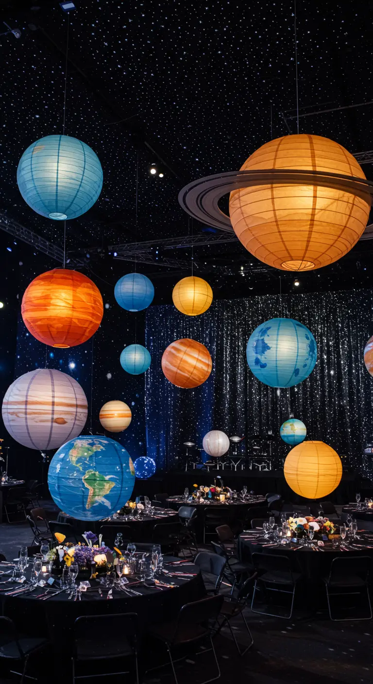 A large room with colorful paper lanterns painted like planets hanging from the ceiling.