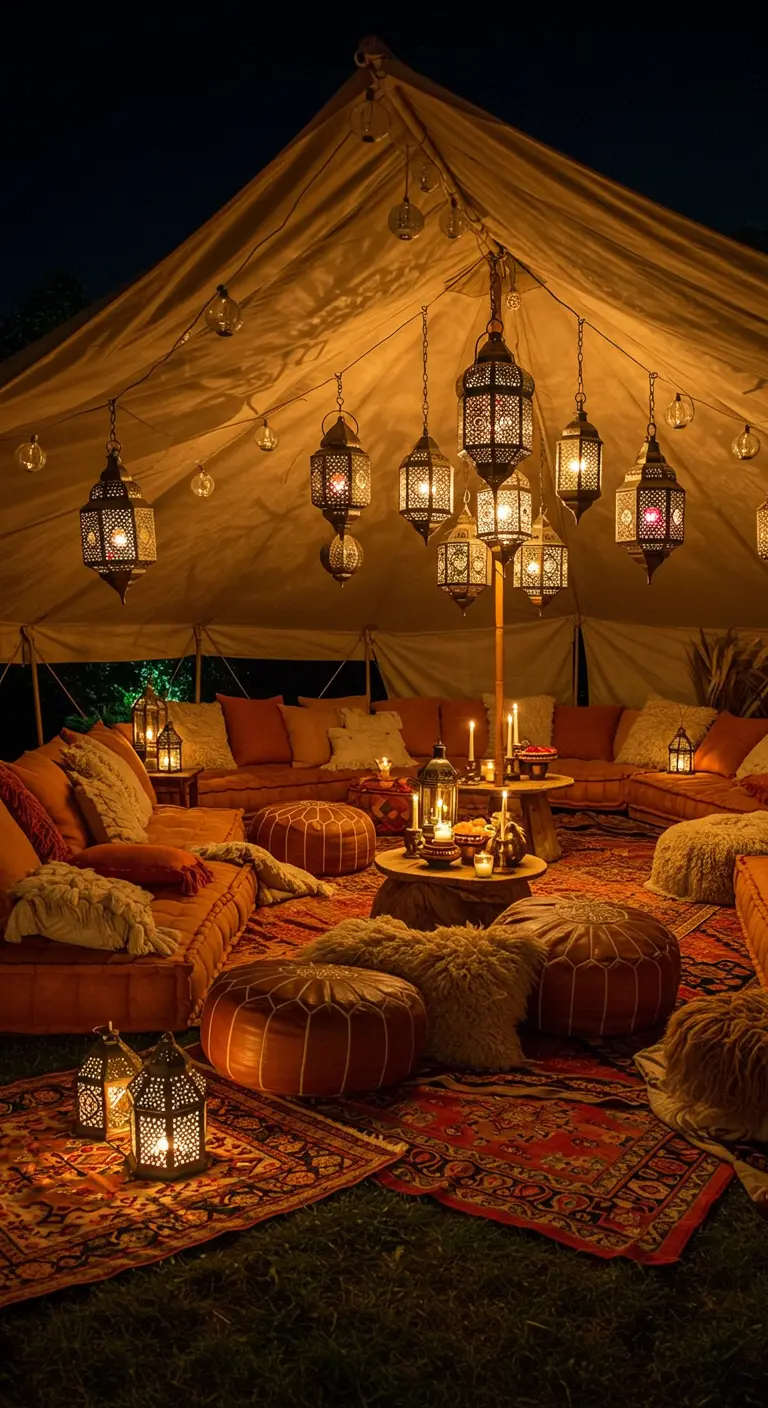 Inside a cozy, candlelit party tent with Moroccan lanterns, rugs, and floor seating.