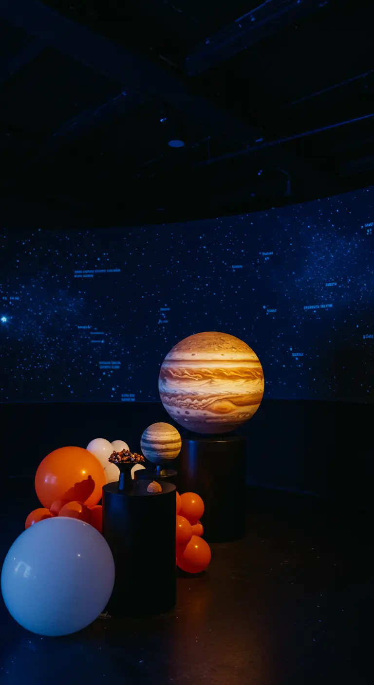 A dark room with a projected starfield and a large inflatable Jupiter planet.