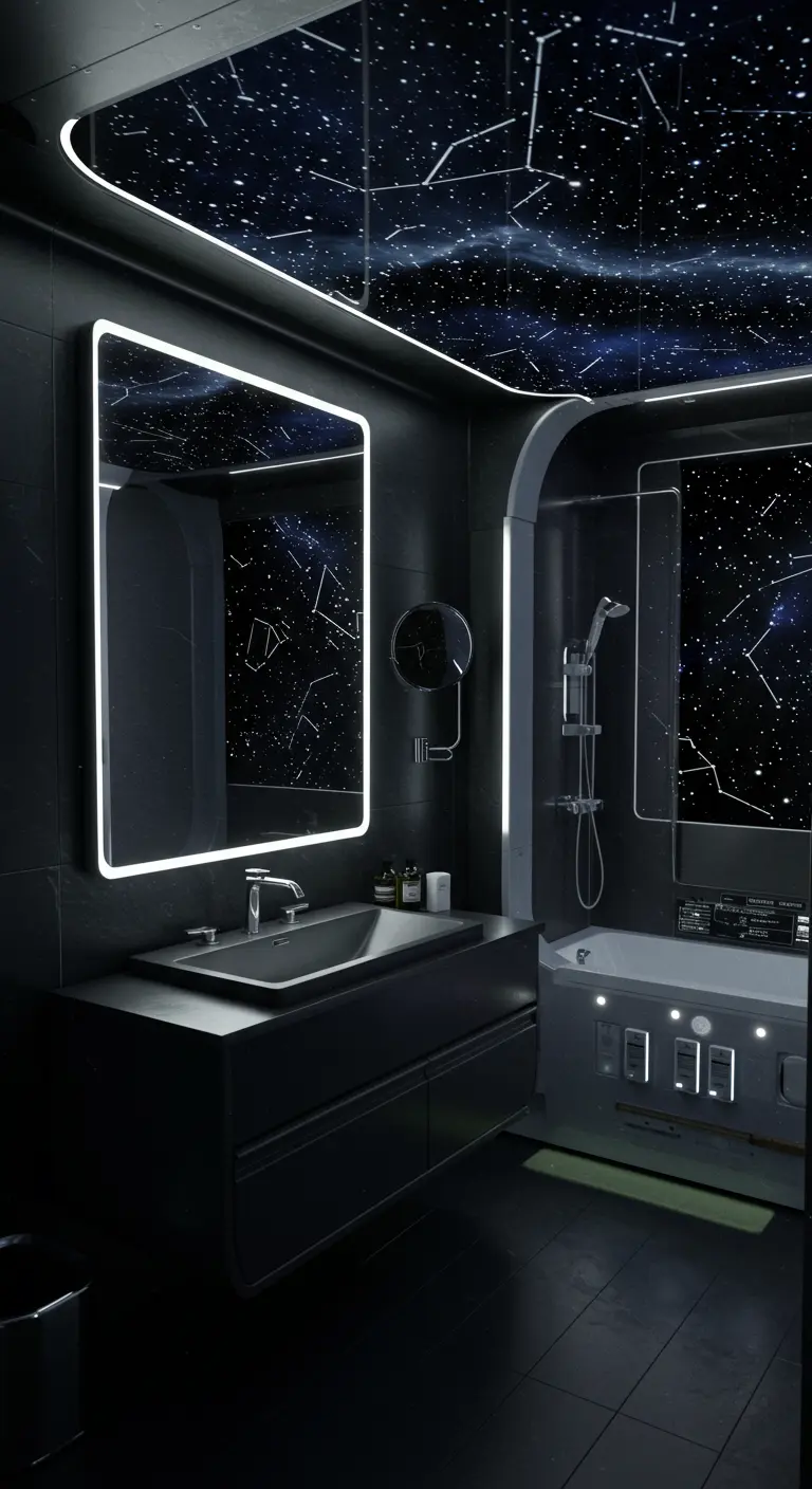 Dark bathroom with a fiber-optic star ceiling and backlit mirror.