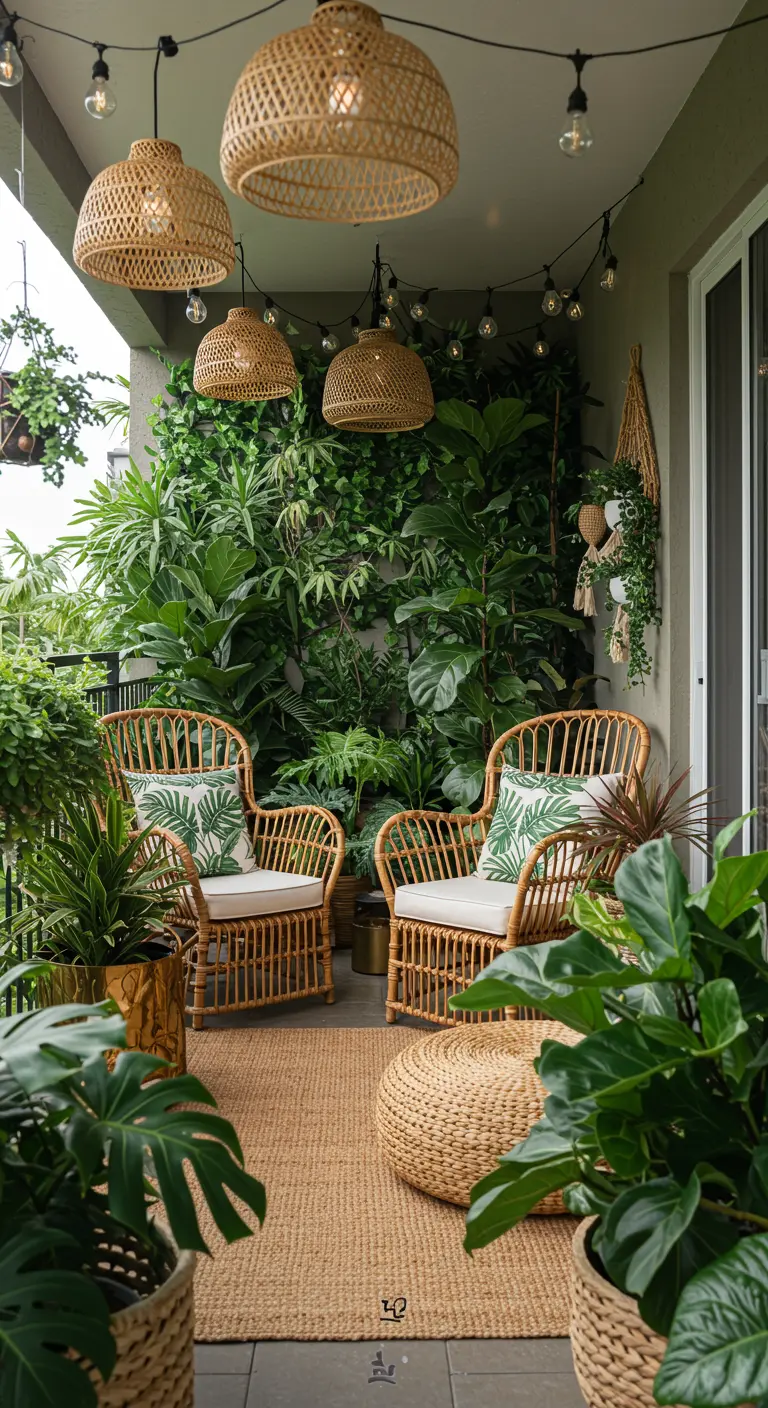 A lush balcony filled with plants, two rattan chairs, and woven pendant light shades.