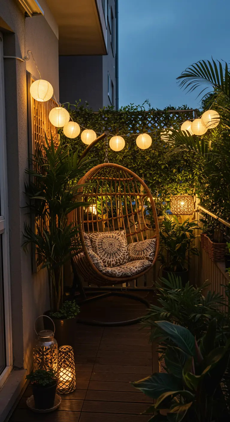 Cozy balcony with a rattan egg chair, string lanterns, and lush potted palm plants at night.