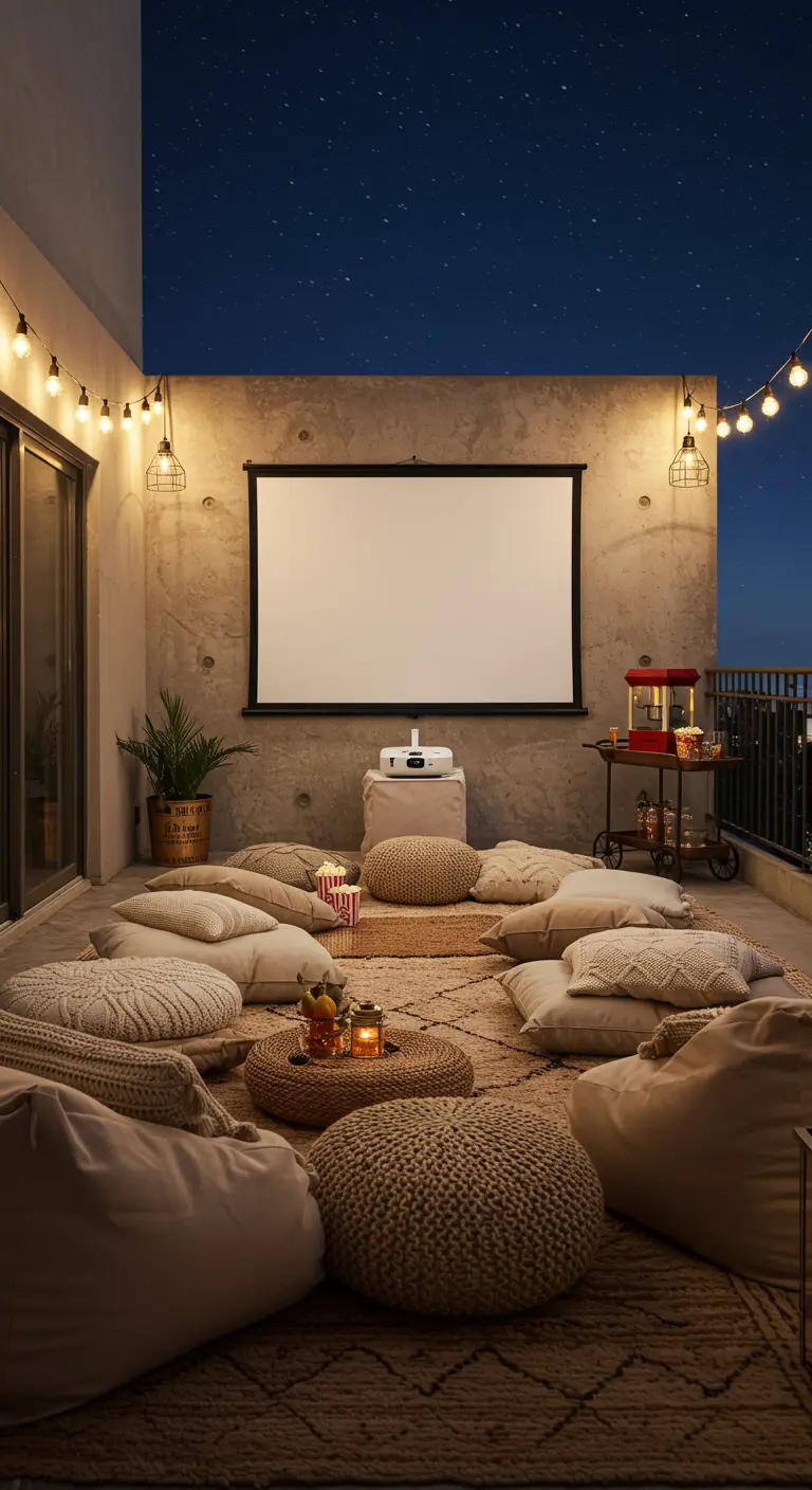 A balcony set up for an outdoor movie night with a projector, screen, and many floor cushions.